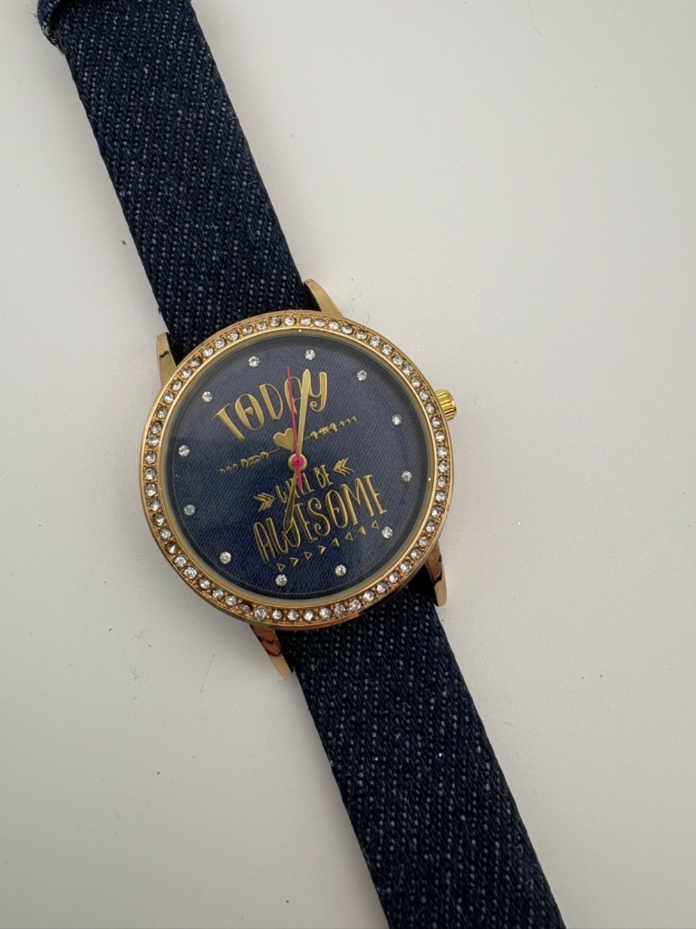 Jessica‎ Carlyle Gold Crystal Bezel Denim Strap Watch Today Will Be Awesome Dial